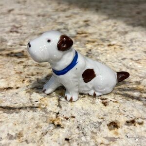 Made in Japan vintage porcelain small dog blue collar brown & white fox terrier
